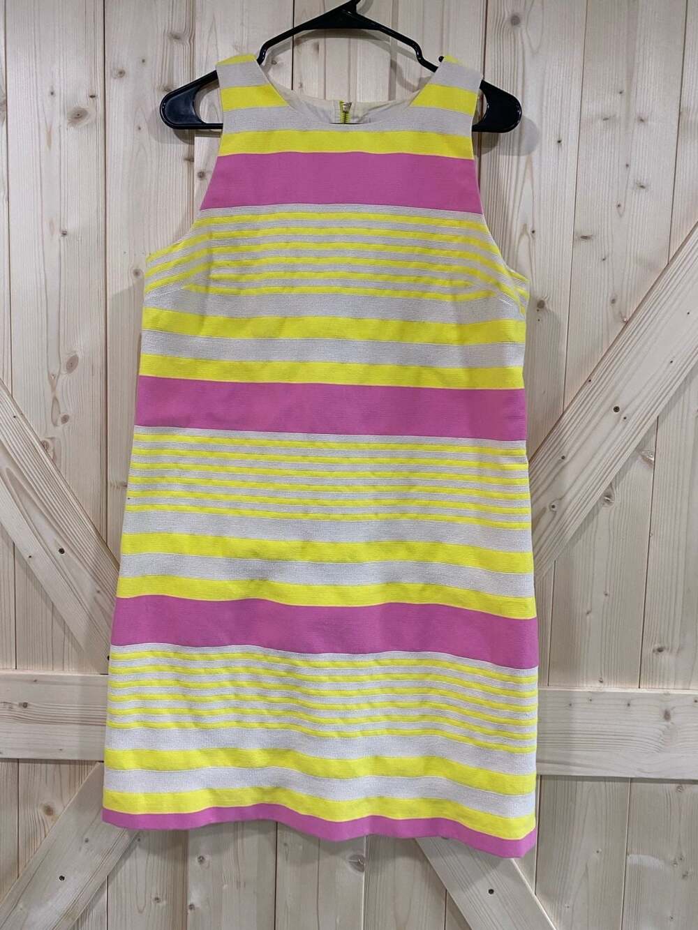 Ann Taylor LOFT Striped Shift Dress Pink Yellow Ivory Sleeveless Zip Back Lined